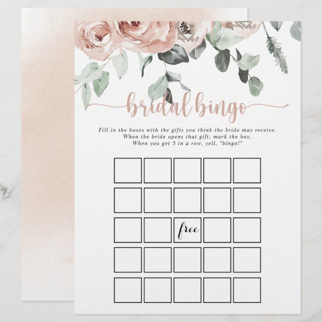 Klassisches Dusty Pink Rose Bridal Bingo Spiel (Vorne/Hinten)