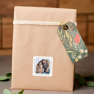 Klassisches einfaches Happy Birthday Familienfoto Quadratischer Aufkleber