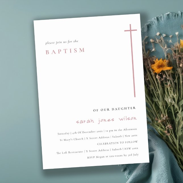 Klassisches Elegant Minimal Rosa Typografie Taufe Einladung (Von Creator hochgeladen)