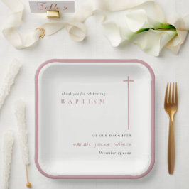 Klassisches Elegant Minimal Rosa Typografie Taufe Pappteller