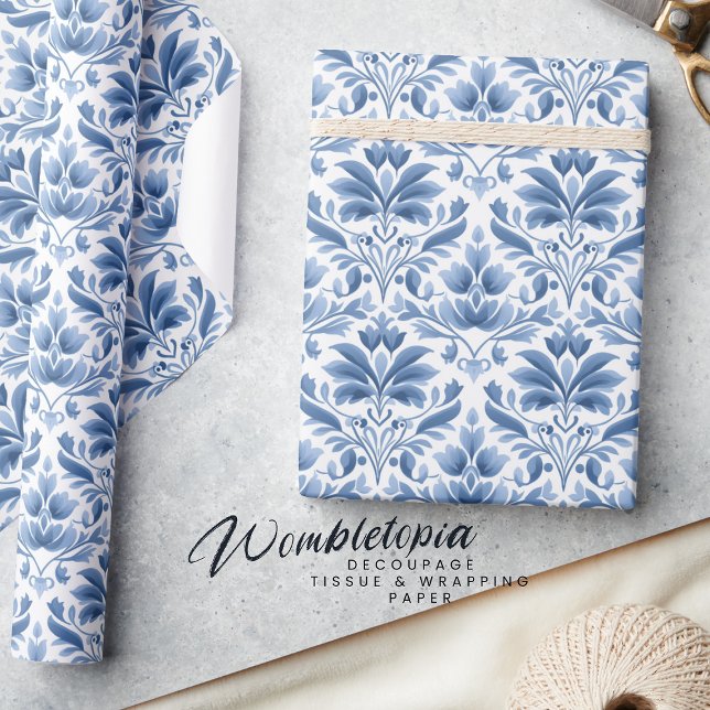 Klassisches elegantes blaues Damask-Muster Geschenkpapier (Von Creator hochgeladen)