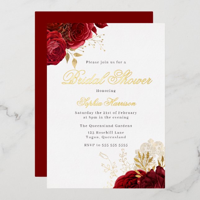 Klassisches Elegantes Brautparty Rote Rose Folieneinladung (Vorderseite/Rückseite)