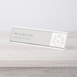 Klassisches Elegantes graues Monogram, florales Cr Schreibtischnamensplakette
