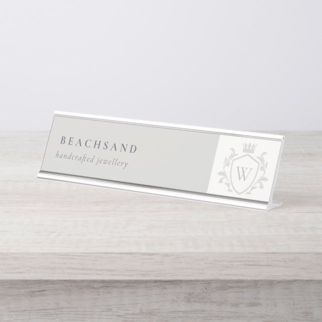 Klassisches Elegantes graues Monogram, florales Cr Schreibtischnamensplakette (Vorderseite )