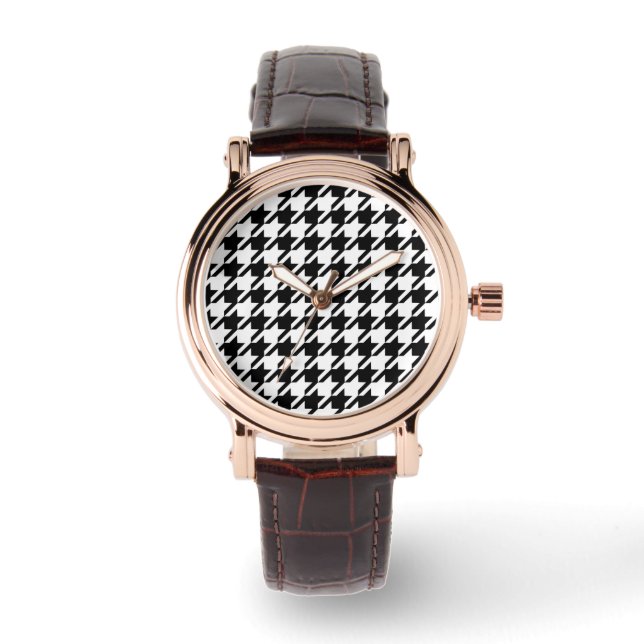 Klassisches elegantes Hahnentrittmuster-Muster Sch Armbanduhr (Vorderseite)
