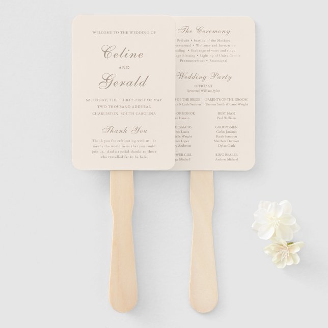 Klassisches elegantes Hochzeitsprogramm in Sandy N Fächer (Vorne und Hinten)