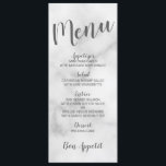 Klassisches elegantes Menü aus weißem Marmor Menükarte<br><div class="desc">Klassische Klassische White Marble Wedding Menu Card mit dem Titel in grauem,  modernem Script Schriftart mit Hochzeitsmenüdetails in grauem,  modernem Sans Serif Schriftart auf weißem Marmorhintergrund.</div>