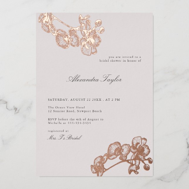 Klassisches Elegantes Orchid Brautparty Folieneinladung (Vorderseite)