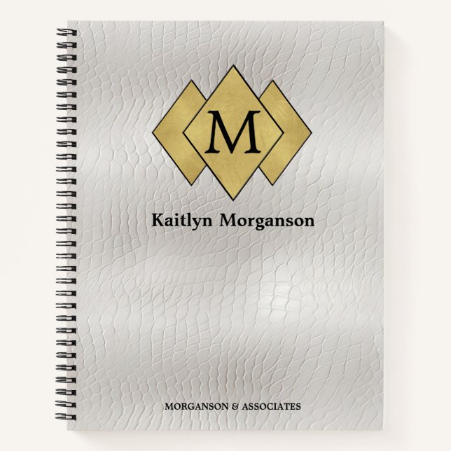 Klassisches Elegantes Weißes Leder Mit Monogramm Notizbuch (Vorderseite)