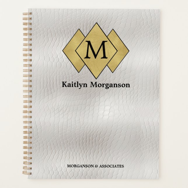 Klassisches Elegantes Weißes Leder Mit Monogramm Planer (Vorderseite)
