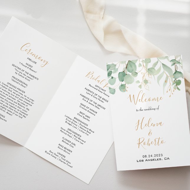 Klassisches Eukalyptus Gold Trifold Wedding Progra Dreifach Gefaltete Einladung (Von Creator hochgeladen)
