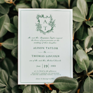 Klassisches florales Wappen Smaragdgrüne Hochzeit Einladung