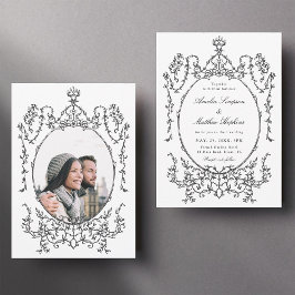 Klassisches Foto mit Blumenrahmen Schwarz und Weiß Einladung