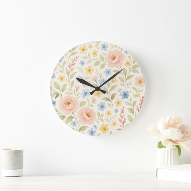 Klassisches französisches Blumenmuster des Shabby  Große Wanduhr (Zuhause)