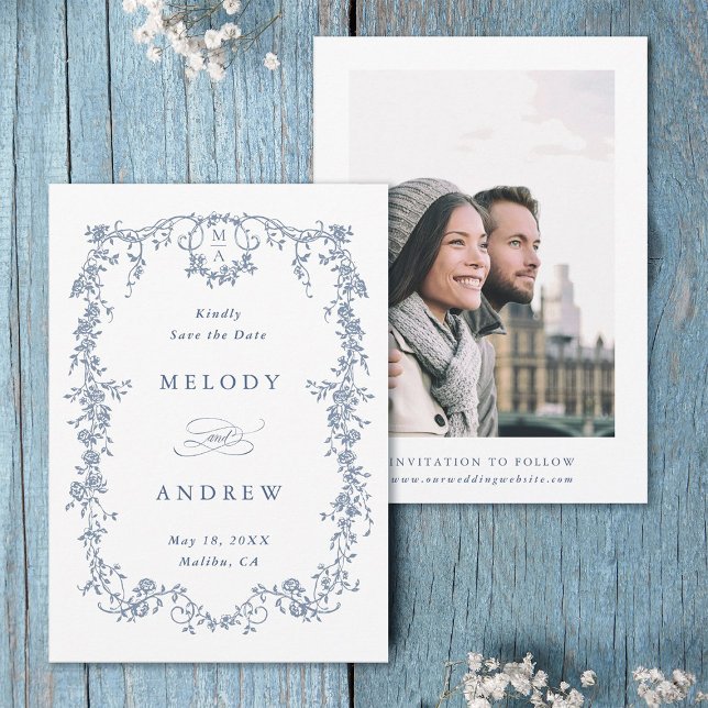 Klassisches französisches Viktorianisches Blue Flo Save The Date (Front & Back)