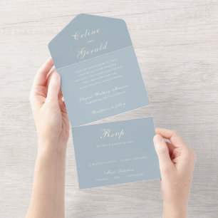 Klassisches gedämpftes blaues elegantes Hochzeitst All In One Einladung