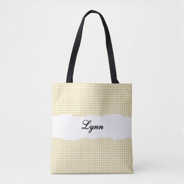 Klassisches Gelb & Weiß Gingham | Personalisierter Tasche (Vorderseite)
