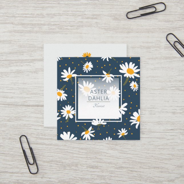 Klassisches, gelbes weißes Daisy-Dot-Blumenmuster Quadratische Visitenkarte (Vorderseite/Rückseite Beispiel)
