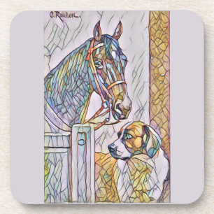 klassisches Gemälde von Pferd und Hund in Glasmale Getränkeuntersetzer