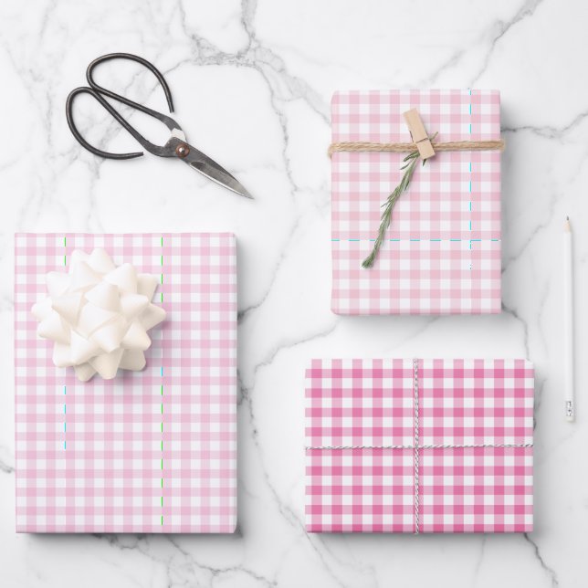 Klassisches Gingham 3 Rosa Geschenkpapier Set (Vorderseite)
