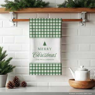 Klassisches Gingham-Grün Weihnachten Familie Geschirrtuch
