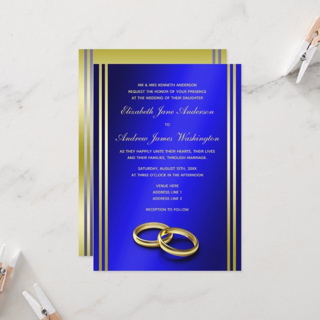 Klassisches Gold & Blau, Hochzeitsfeiern Einladung (Vorderseite/Rückseite Beispiel)