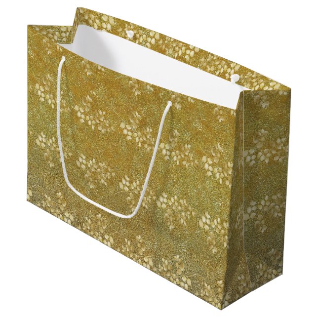 Klassisches Gold Glitzer Blumenmuster Große Geschenktüte (Vorderseite Schrägansicht)