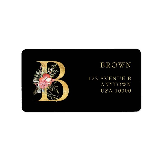 Klassisches Gold Monogram B mit rosa Floraletikett Adressaufkleber (Vorne)