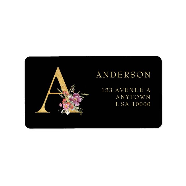 Klassisches Gold Monogramm A mit rosa Florals Adressaufkleber (Vorne)