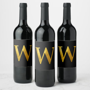 Klassisches Goldfolie-Monogramm W auf Schwarz Weinetikett