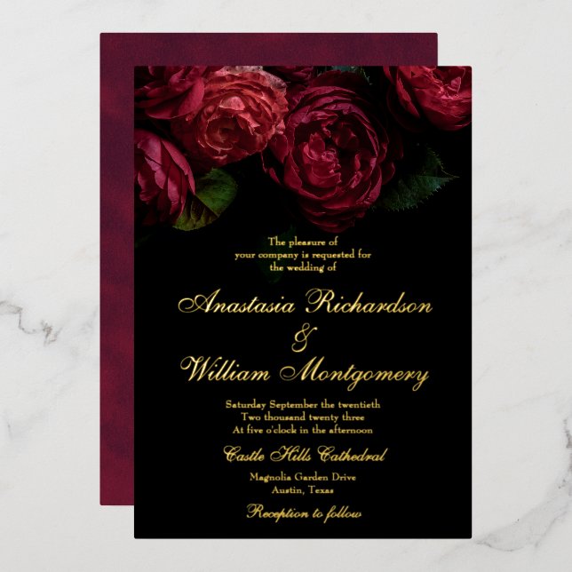 Klassisches Gotisches Elegantes Schwarzes & Gold H Folieneinladung (Vorderseite/Rückseite)