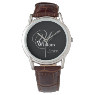 Klassisches Grau Monogramm, Weiß auf Schwarz Groom Armbanduhr