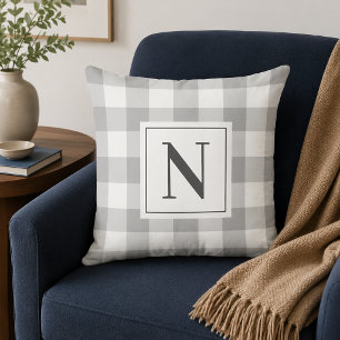 Klassisches graues Gingham-Karo-Monogramm Anfangsb Kissen