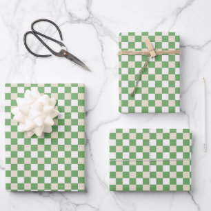 Klassisches Grün, Beige, Weiß Kariert Geschenkpapier Set