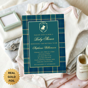 Klassisches grün kariertes Polo Reit-Babyshower Folieneinladung