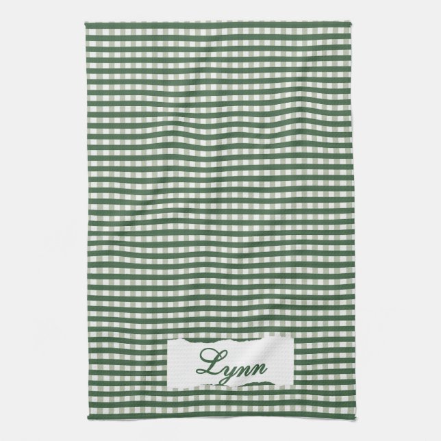 Klassisches Grün-Weiß-Gingham | Personalisierter N Geschirrtuch (Vertikal)