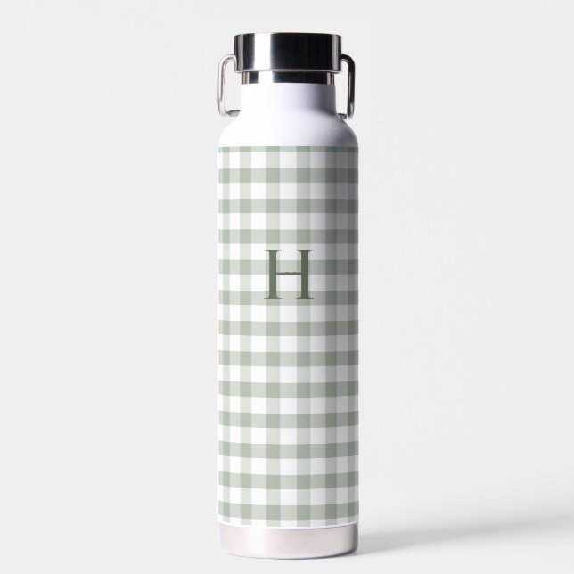 Klassisches grünes Gingham modernes Monogramm Trinkflasche (Vorne)