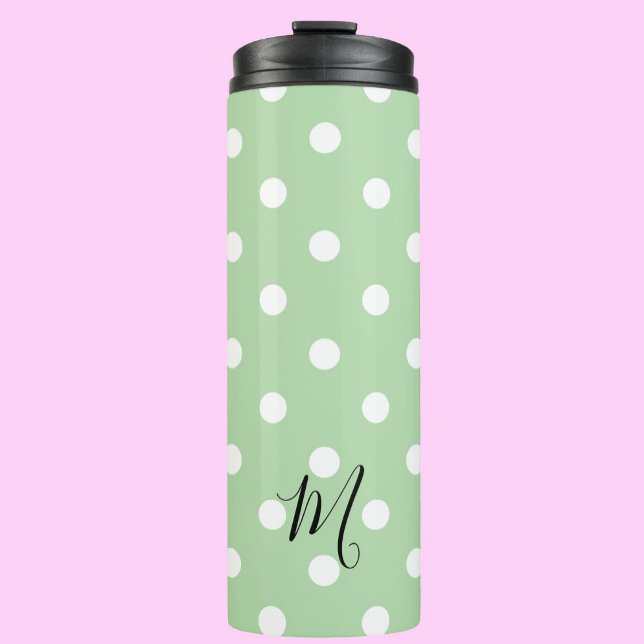 Klassisches grünes Tupfenmuster-Monogramm Thermosbecher (Von Creator hochgeladen)