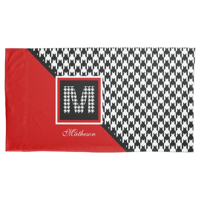 Klassisches Hahnentrittmuster und Monogramm | Rot  Kissenbezug (Vorderseite-Links)