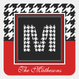 Klassisches Hahnentrittmuster und Monogramm | Rot  Quadratischer Aufkleber
