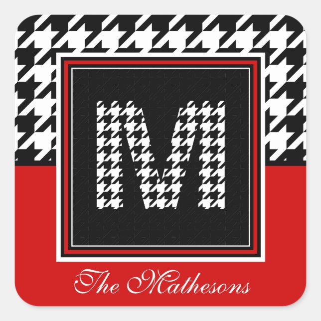 Klassisches Hahnentrittmuster und Monogramm | Rot  Quadratischer Aufkleber (Vorderseite)