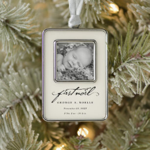Klassisches Handwriting-Skript Baby's First Weihna Rahmen-Ornament Silber