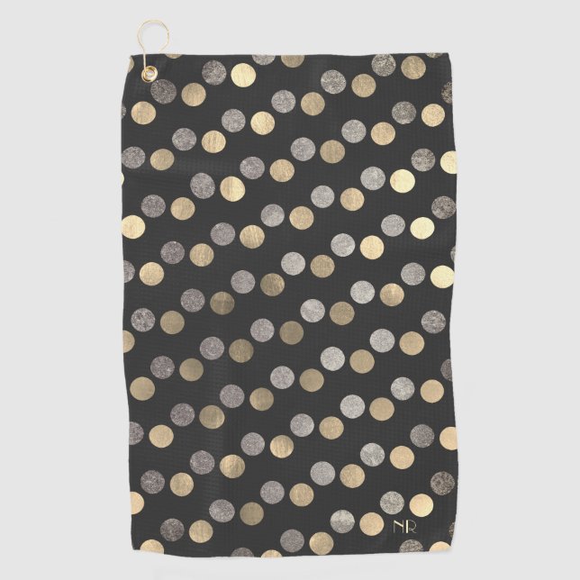 Klassisches Holzkohlesilber und Goldpolka-Dots kun Golfhandtuch (Vorderseite)