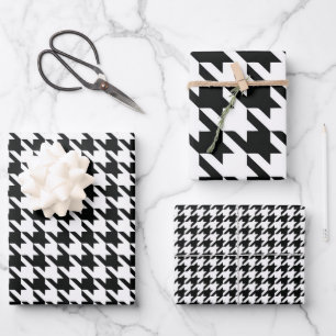 Klassisches Houndstooth-Muster: Schwarz-Weiß Vinta Geschenkpapier Set