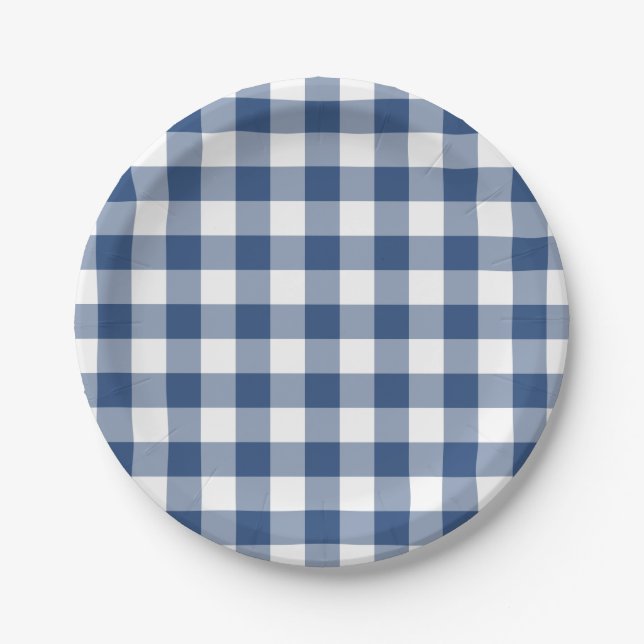 Klassisches Kariertes Muster aus blauem Gingham Pappteller (Vorderseite)