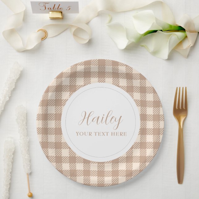 klassisches kariertes Party in Beige Gingham Pappteller (Hochzeit)