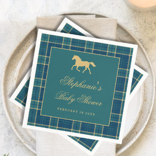 Klassisches Karo Golden Horse Reitsport-Babyshower Serviette