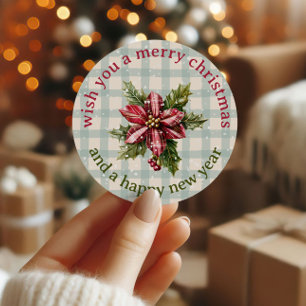 Klassisches Karo-Weihnachtsstern-Blumen-Merry-Chri Runder Aufkleber