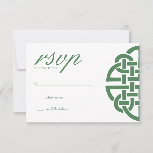 Klassisches keltisches Knot-Grün und Weiß-HandFast RSVP Karte (Vorderseite)