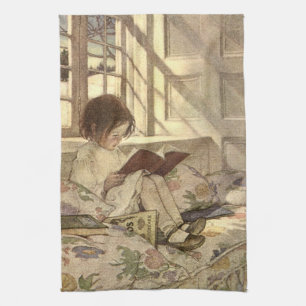 Klassisches Kind beim Lesen eines Buches, Jessie W Geschirrtuch